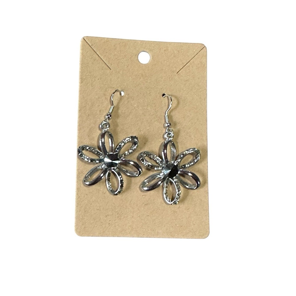 Silver Tone Flower‎ Drop Earrings Crystal Center Dangle Floral Jewelry Womens
